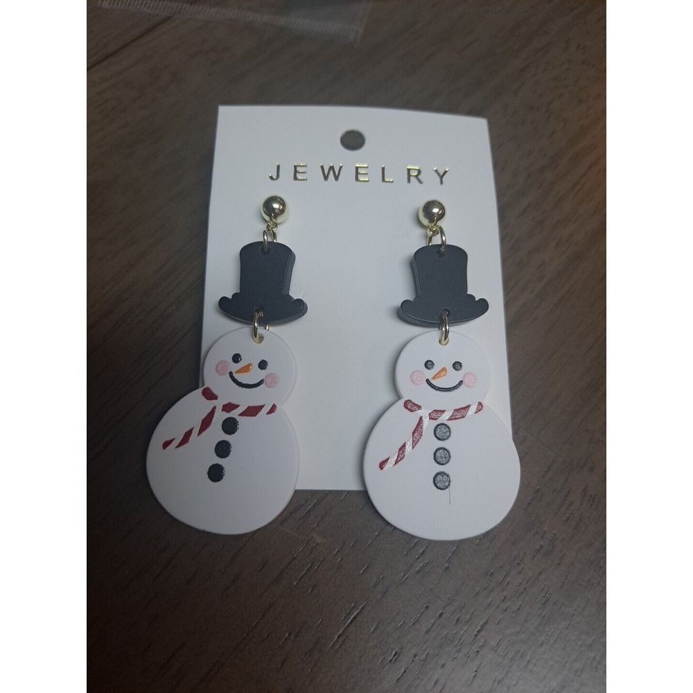 New Snowman With Scarf And Magical‎ Hat 2 Inch Dangling Drop Wooden Earring